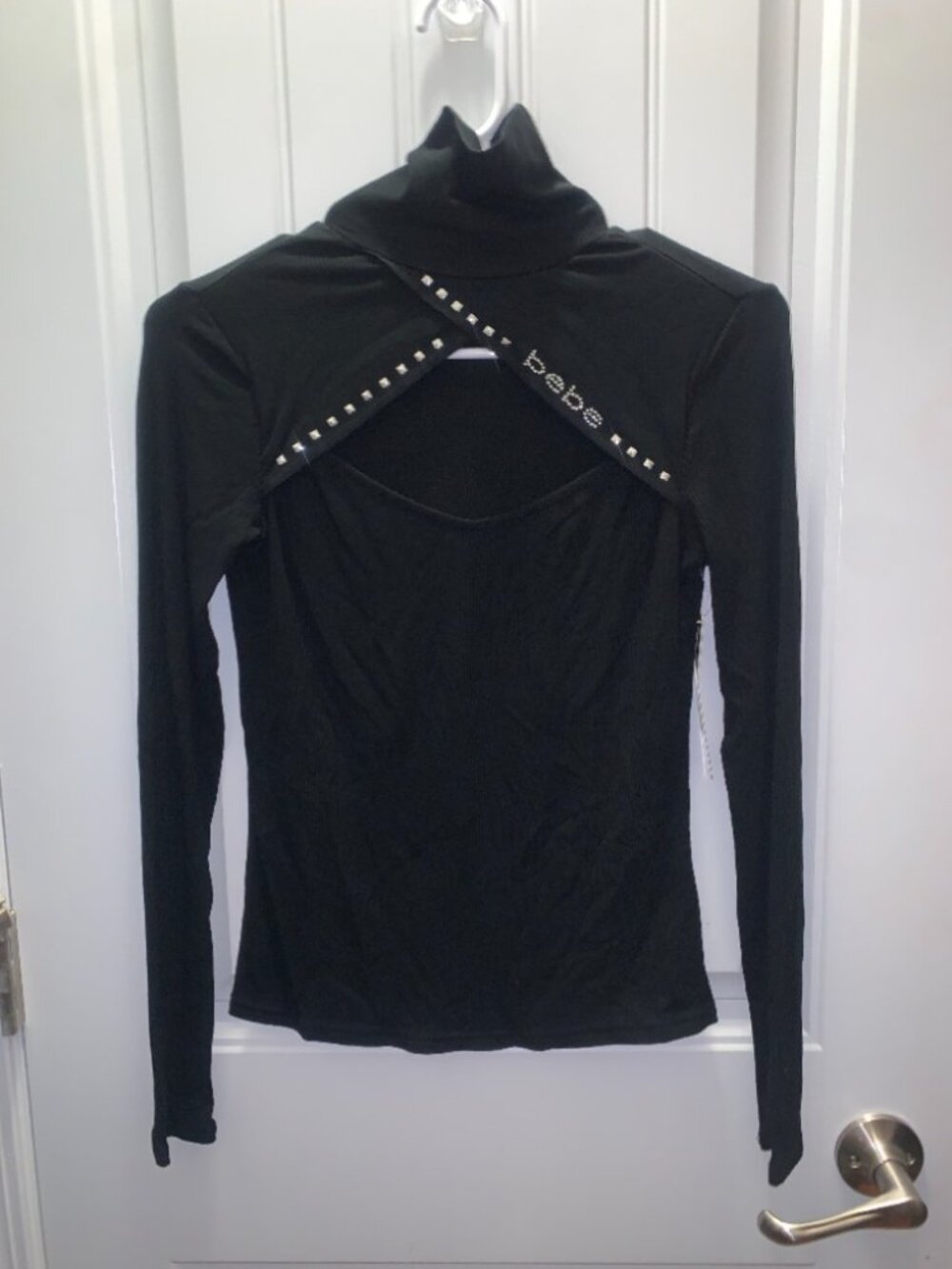 Black Mock Neck Open Chest with Studs by bebe